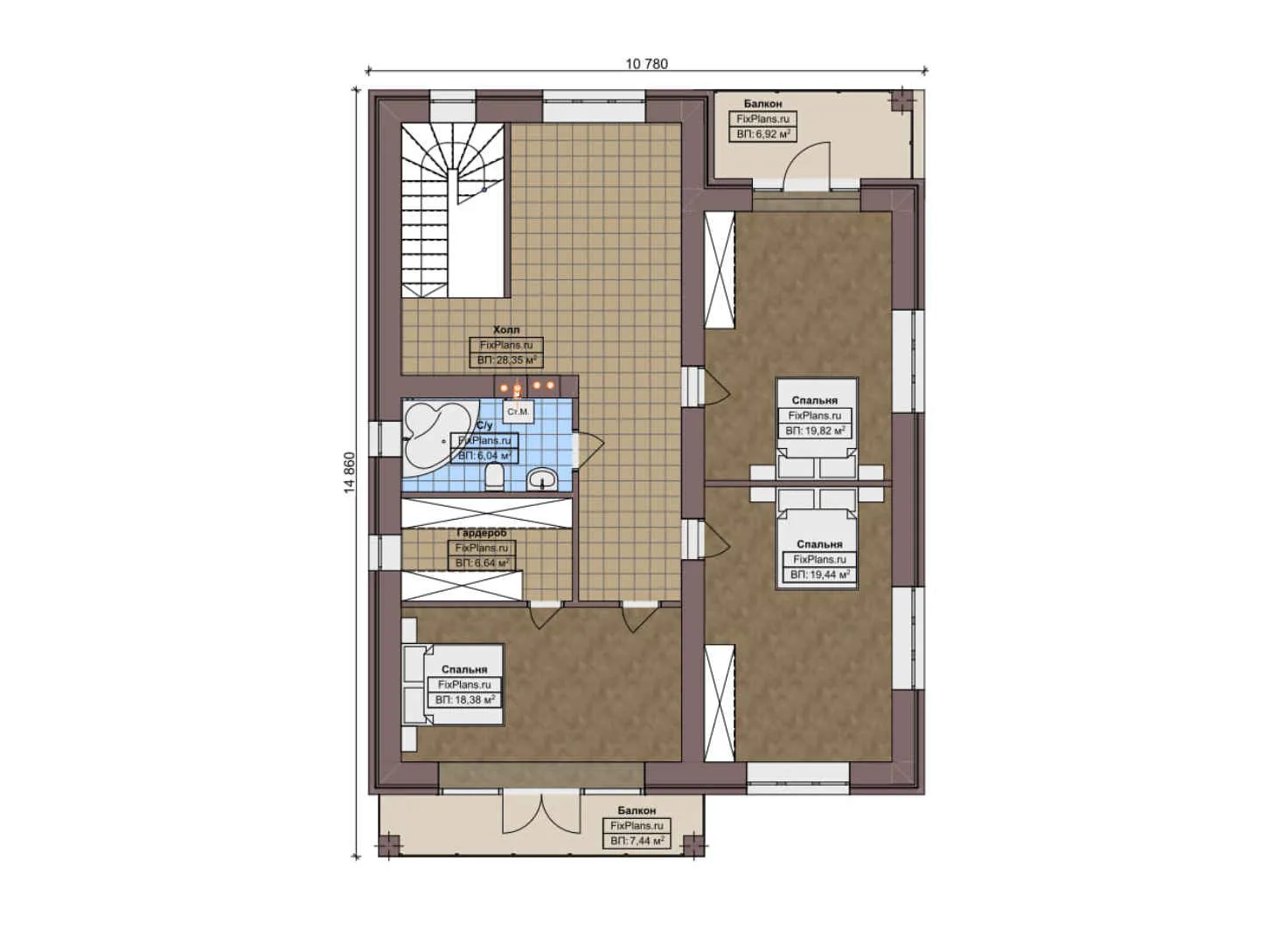 F-6785 - Планы двухэтажного дома 15 на 23, площадью 330 м² с террасой, балконом, гаражом на 2 машины и 4 спальнями