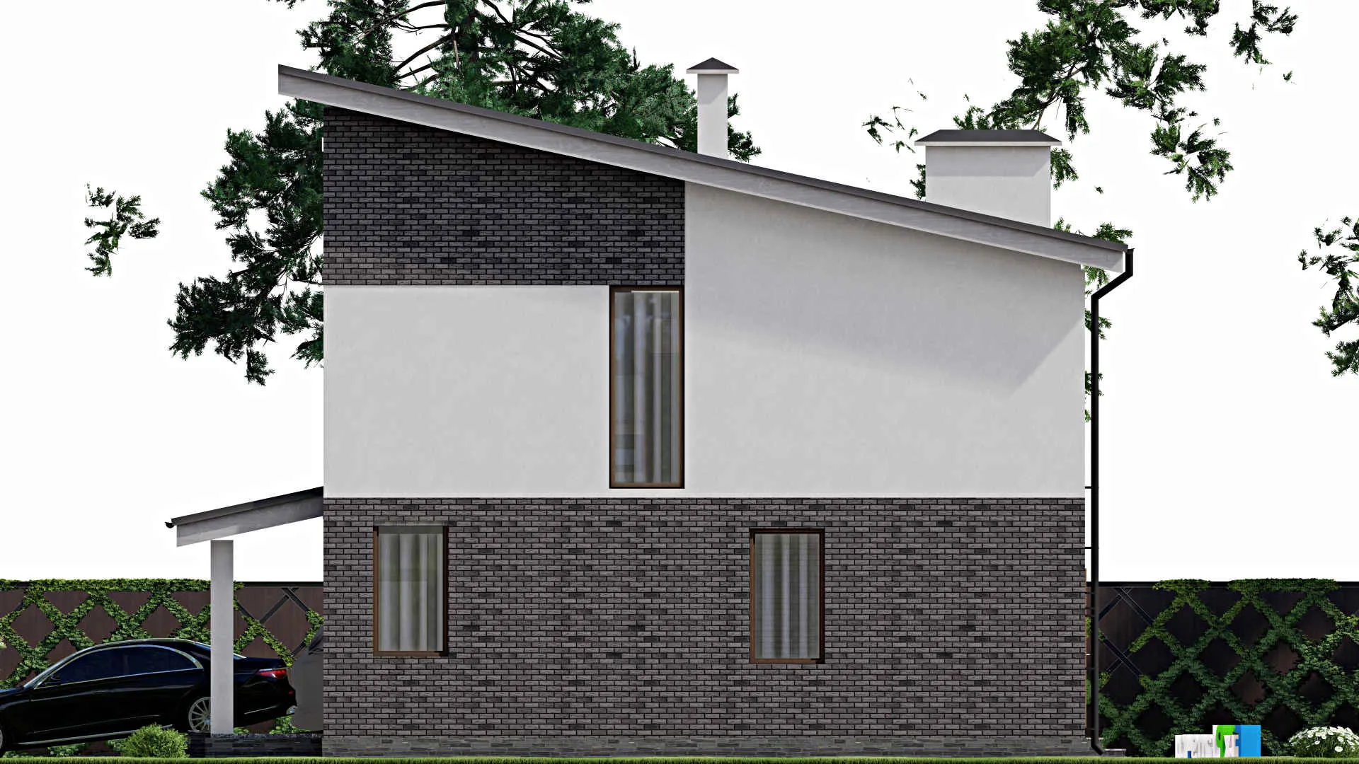 F-7775 - Проект двухэтажного дома 12 на 15, площадью 220 м² с террасой, гаражом на 2 машины и 3 спальнями