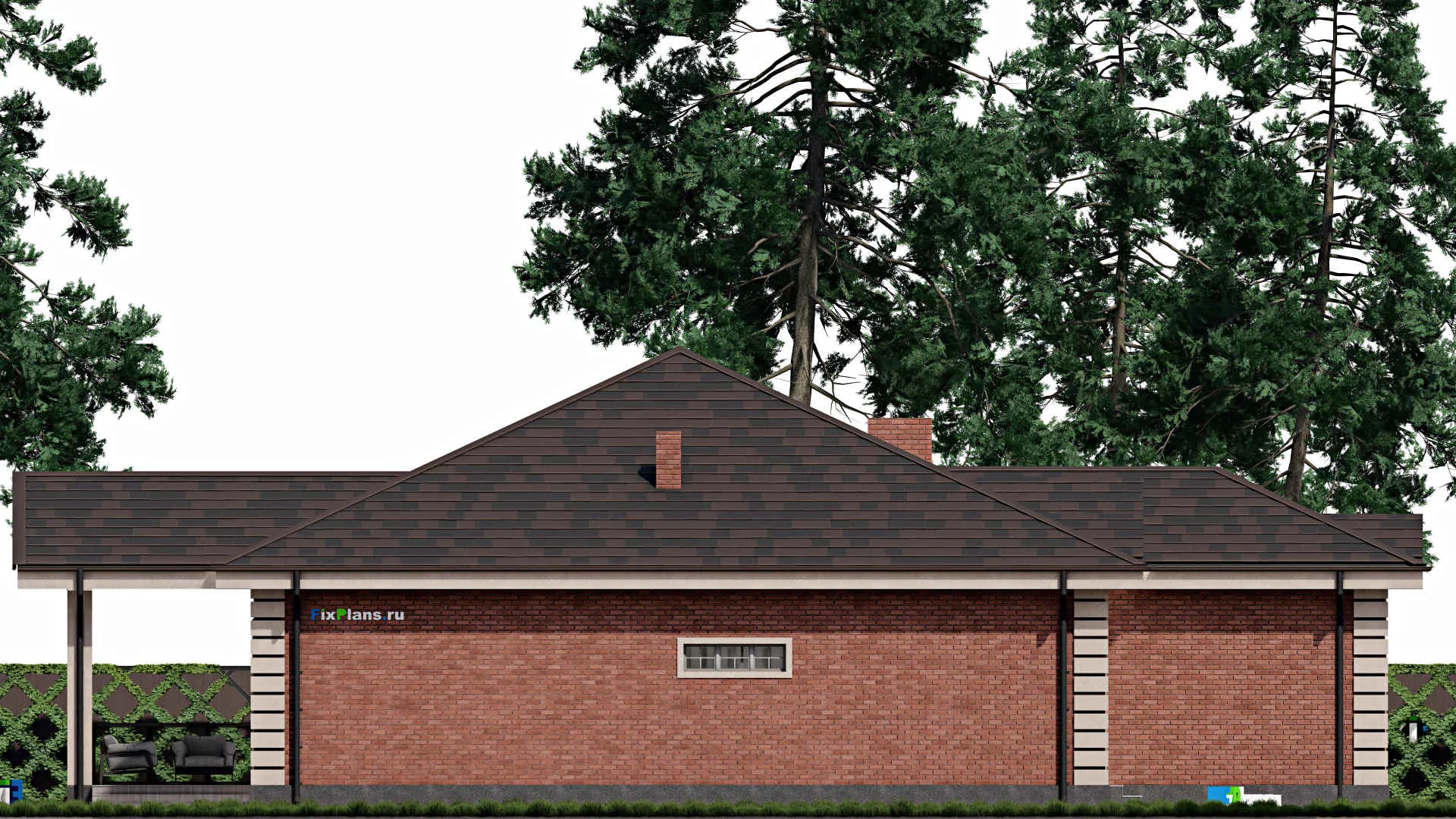 F-0188 - Проект одноэтажного дома 19 на 19, площадью 210 м² с террасой, гаражом на 1 машину и 2 спальнями