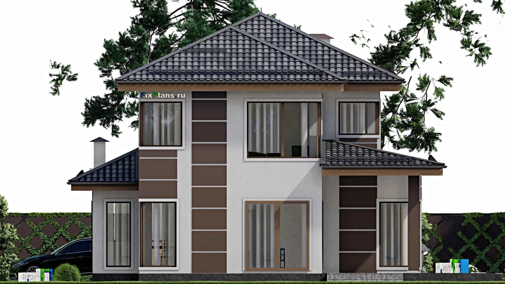 F-10241 - Планы двухэтажного дома 14 на 17, площадью 220 м² с террасой, гаражом на 1 машину и 3 спальнями