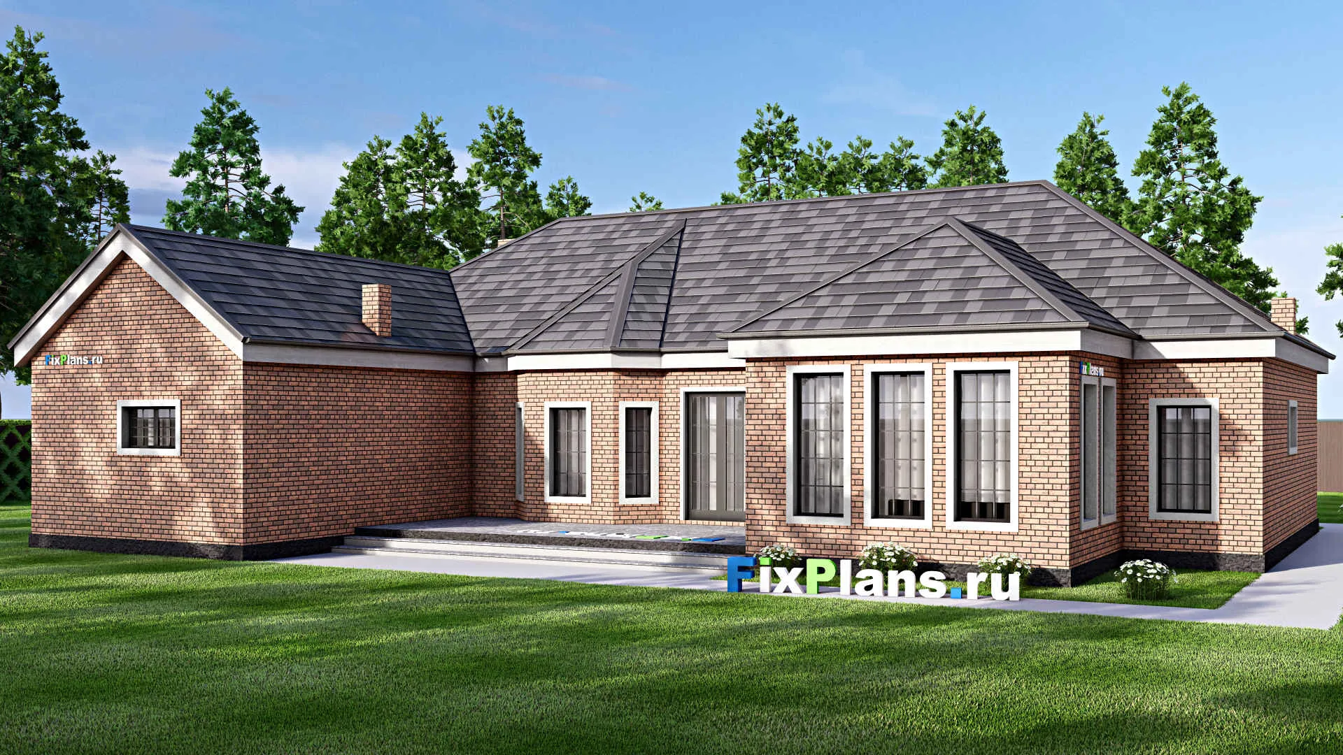 F-16937 - Проект одноэтажного дома 19 на 21, площадью 260 м² с террасой, гаражом на 2 машины и 3 спальнями