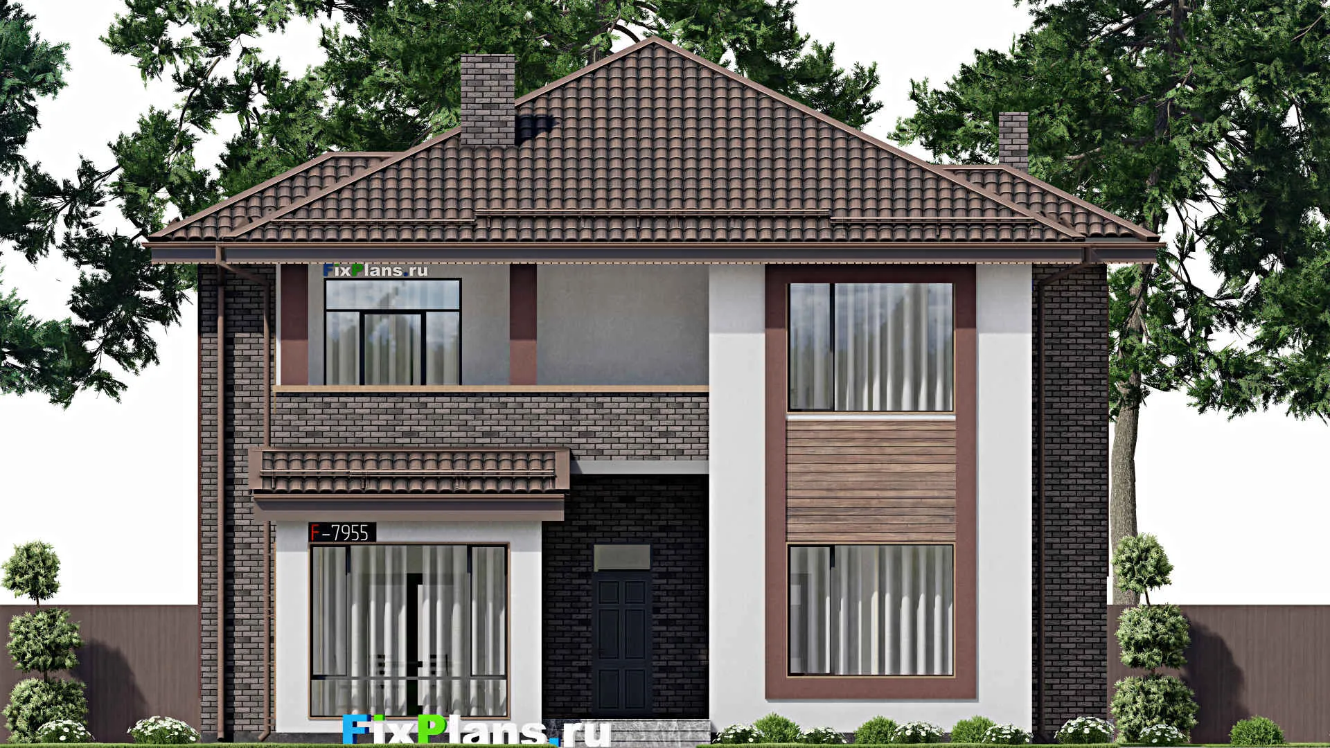 F-7955 - Проект двухэтажного дома 14 на 15, площадью 270 м² с террасой, балконом и 4 спальнями