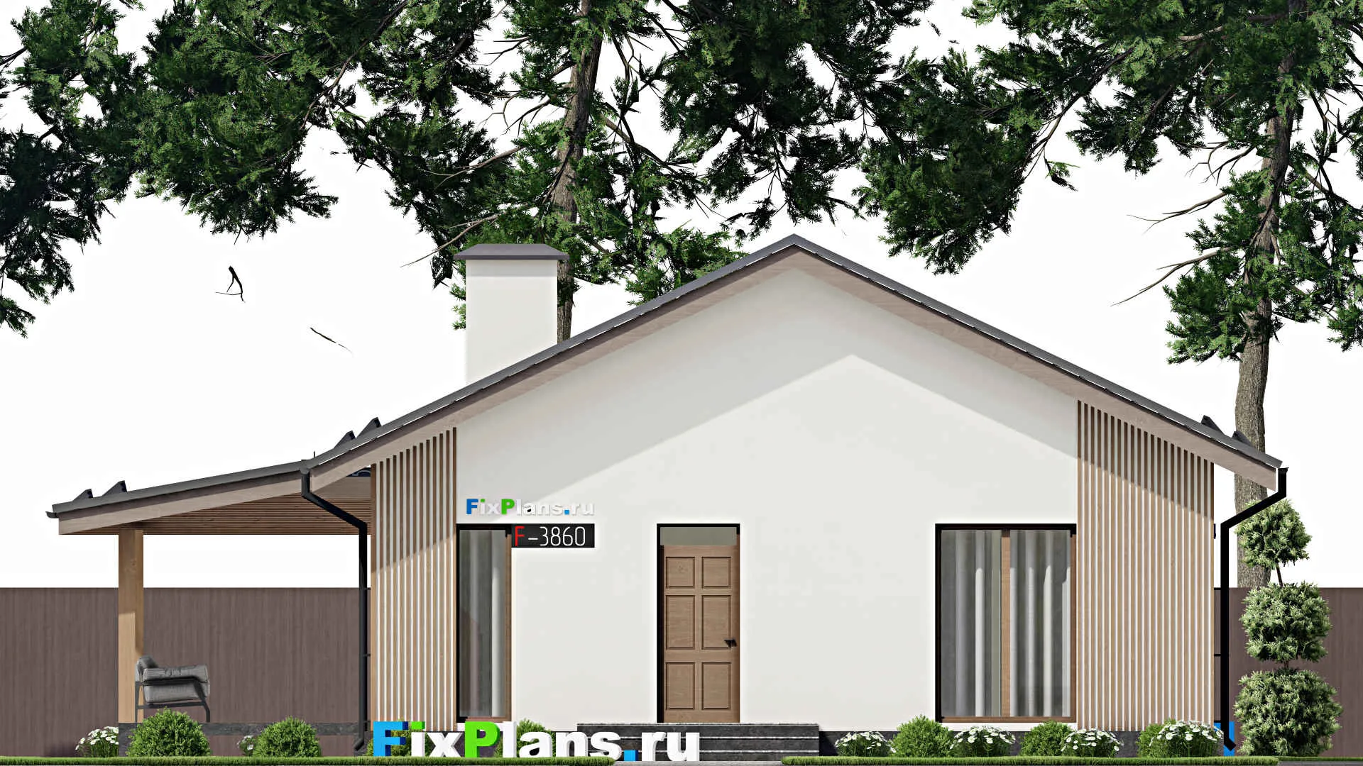 F-3860 - План одноэтажного дома 11 на 11, площадью 120 м² с террасой и 3 спальнями