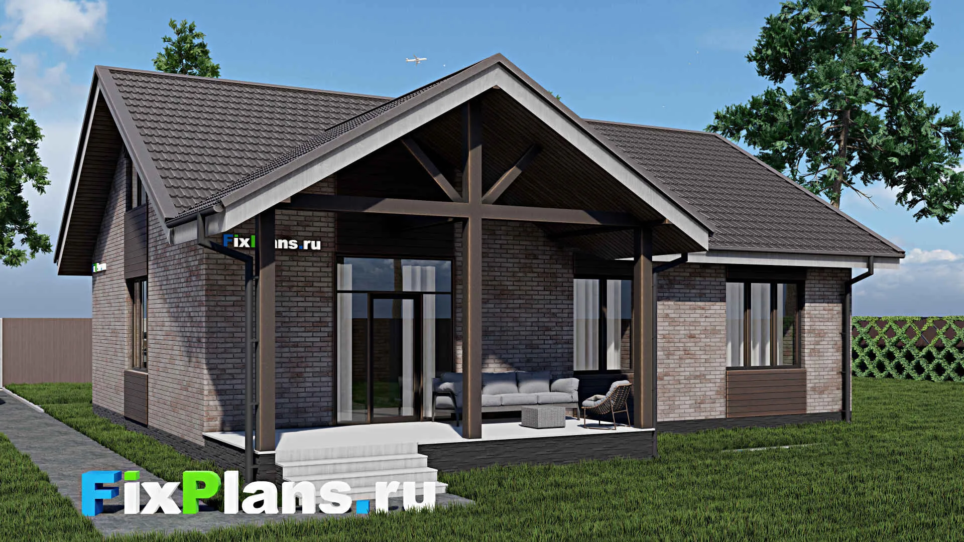 F-0629 - Проект одноэтажного дома 10 на 14, площадью 130 м² с террасой и 3 спальнями