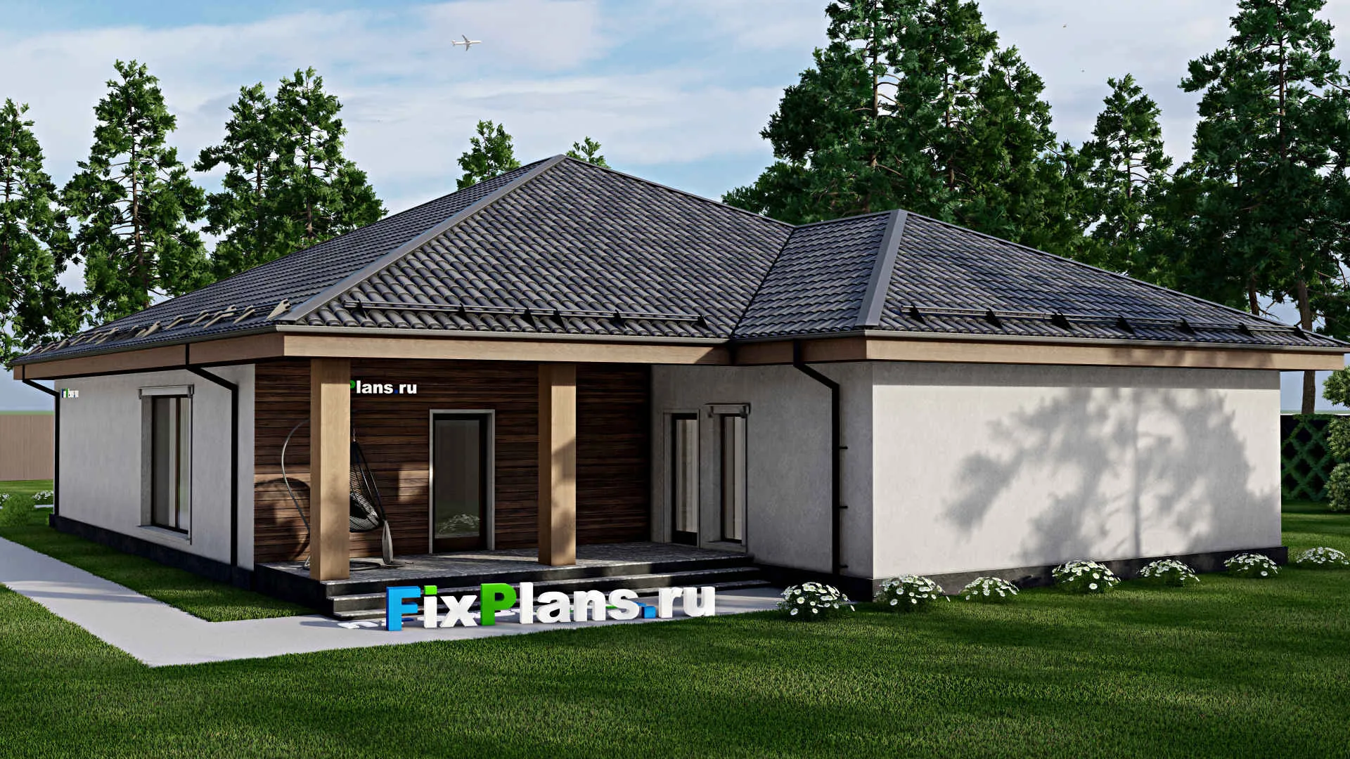 F-10295 - План одноэтажного дома 16 на 25, площадью 290 м² с террасой, баней, гаражом на 2 машины и 3 спальнями