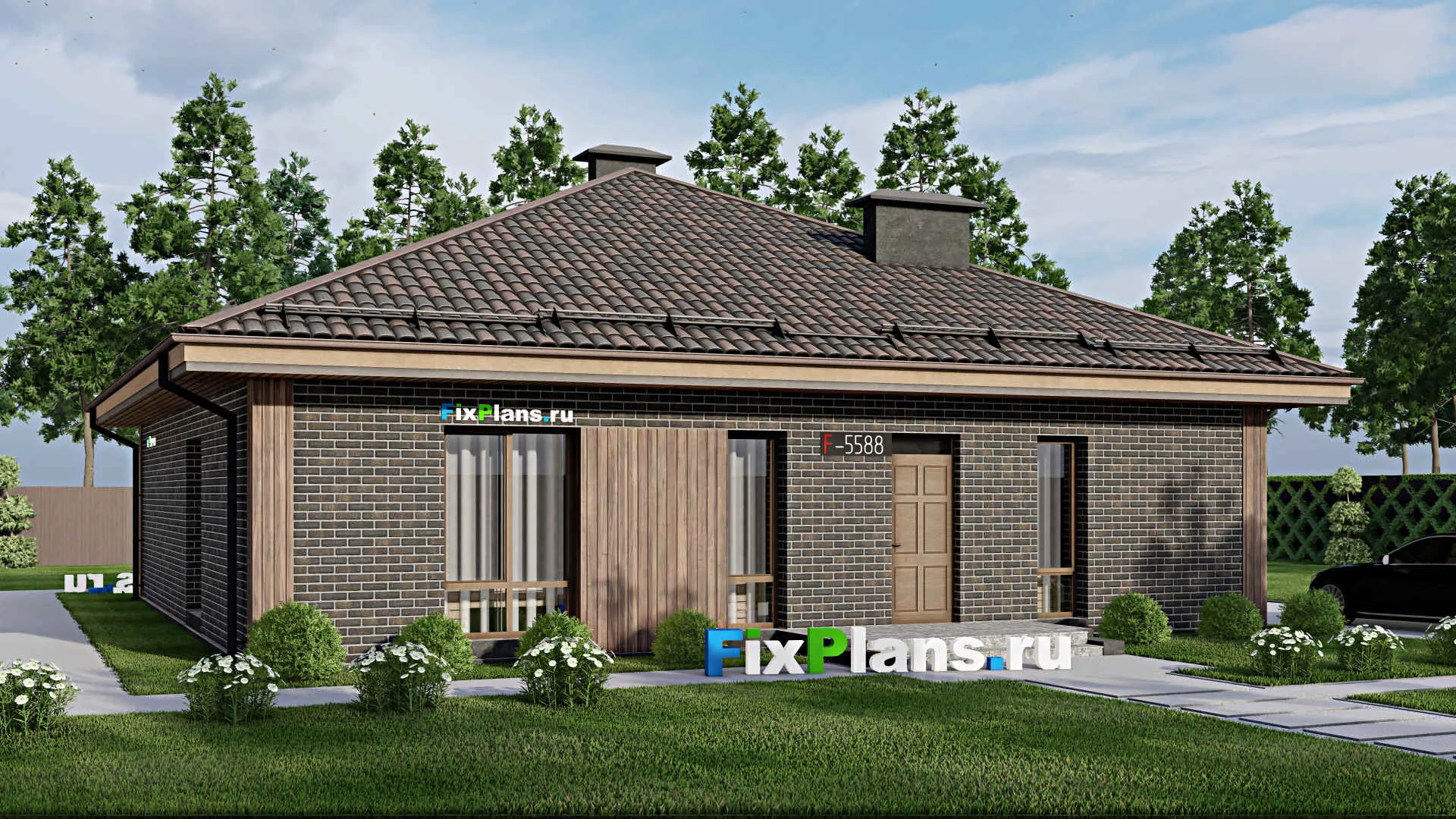 F-5588 - Проект одноэтажного дома 14 на 14, площадью 150 м² с 4 спальнями