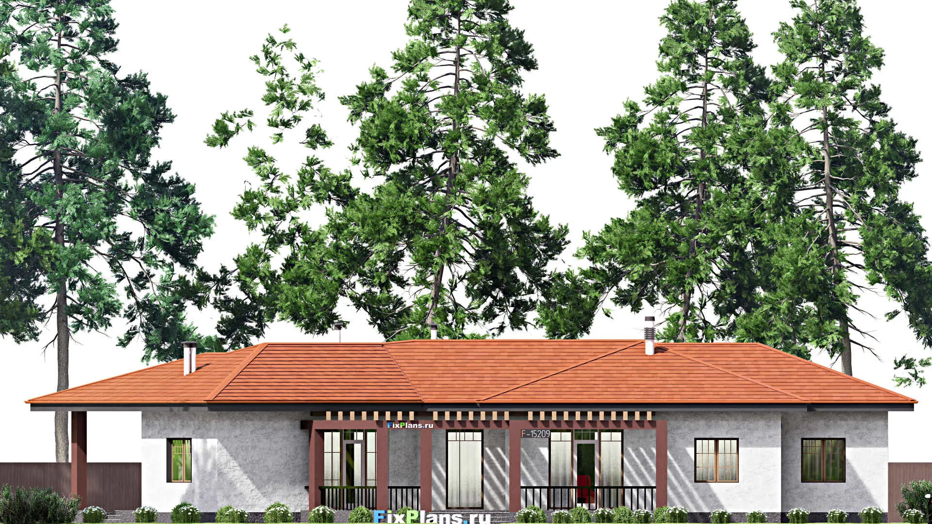 F-15209 - Проект одноэтажного дома 22 на 28, площадью 300 м² с террасой и 4 спальнями