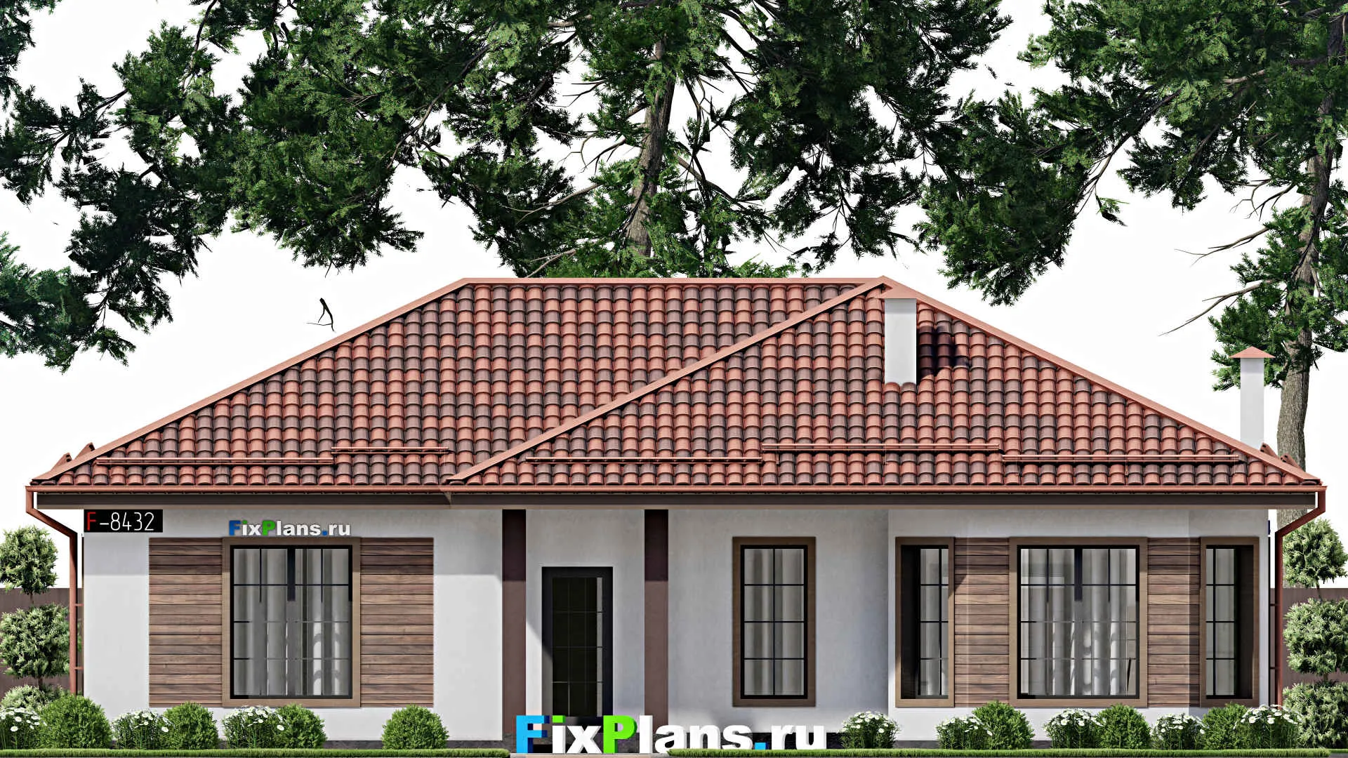 F-8432 - Проект одноэтажного дома 12 на 15, площадью 140 м² с террасой и 3 спальнями