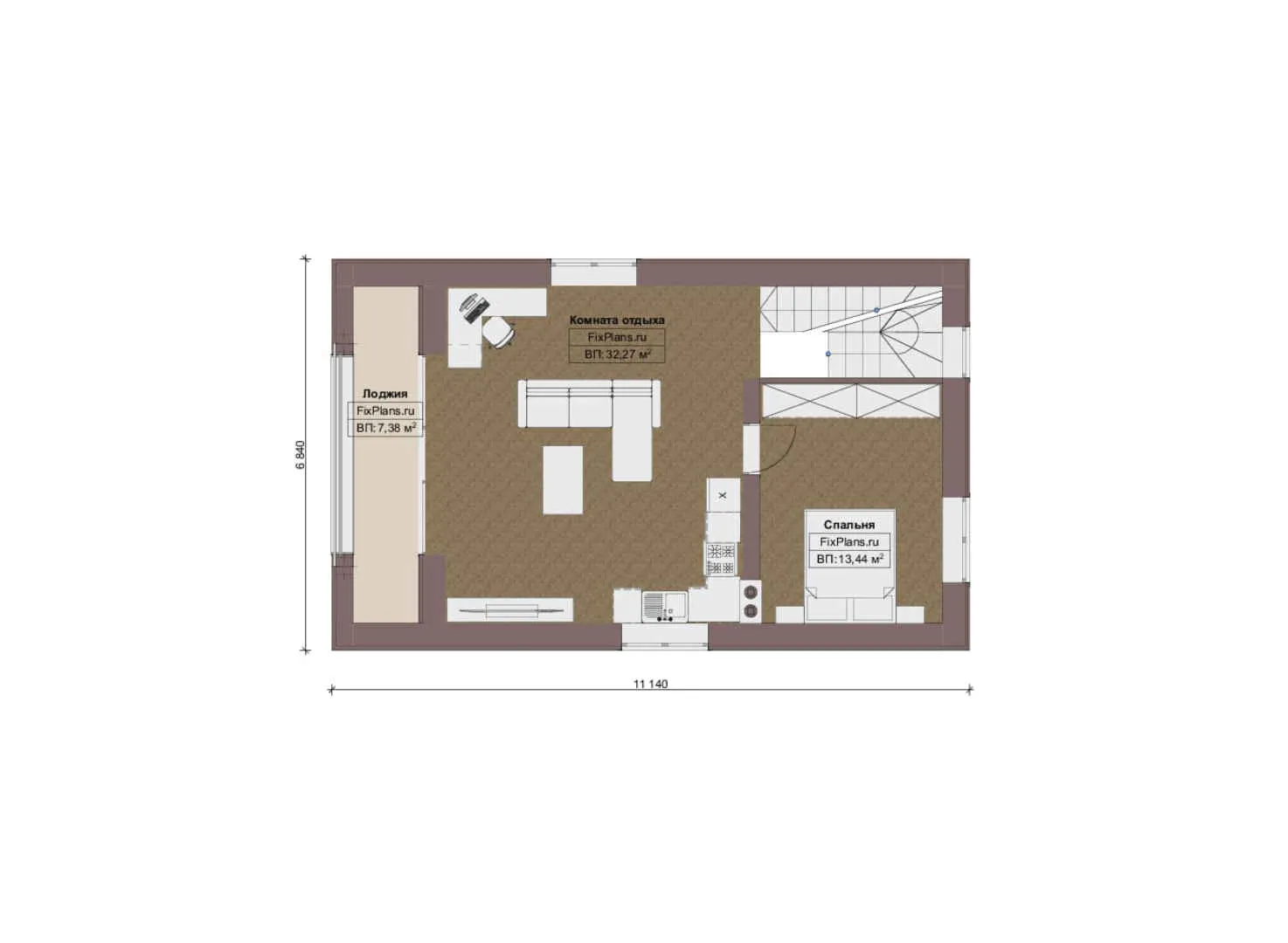F-17459 - Планы дома с мансардой 7 на 12, площадью 110 м² с гаражом на 2 машины и 1 спальнями