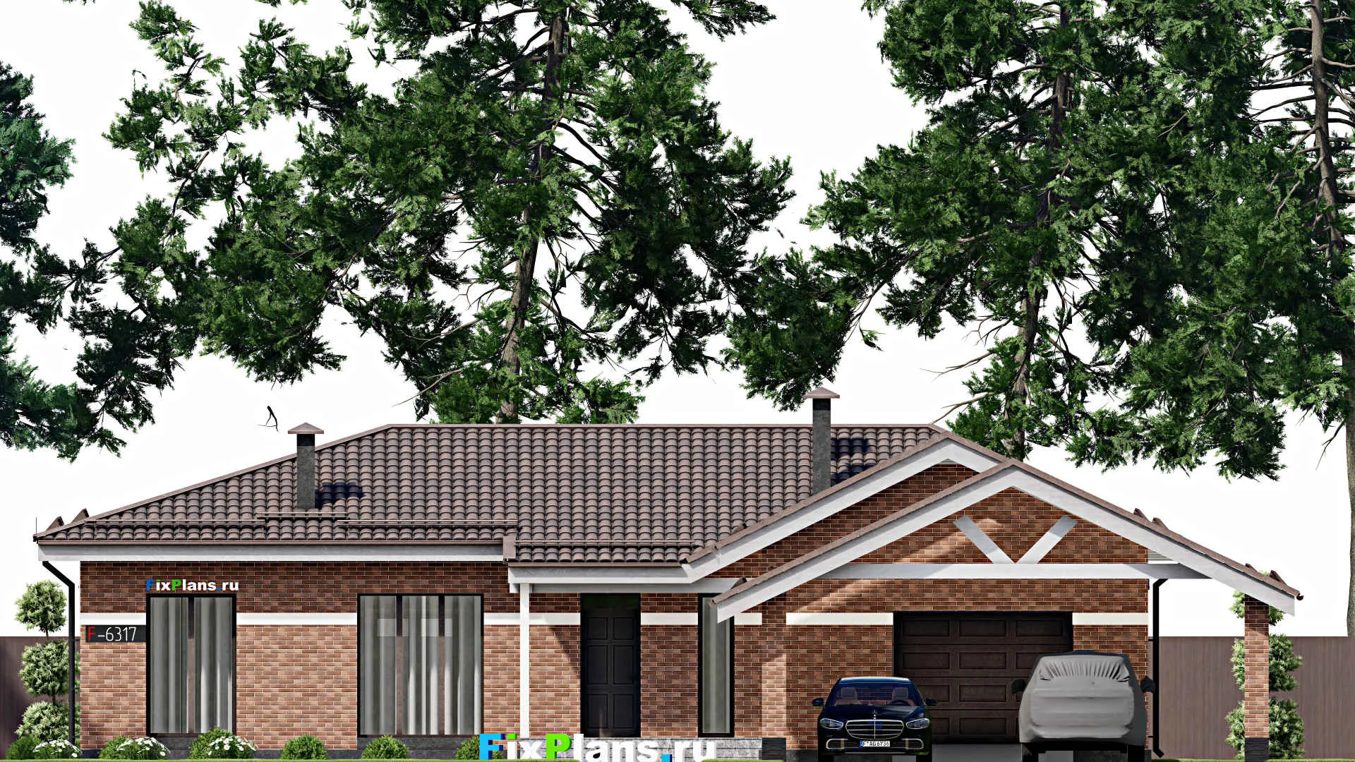 F-6317 - Проект одноэтажного дома 18 на 18, площадью 180 м² с баней, гаражом на 2 машины и 3 спальнями