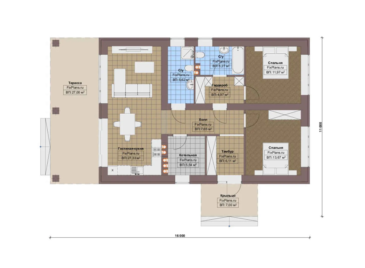 F-17756 - План одноэтажного дома 11 на 16, площадью 130 м² с террасой и 2 спальнями