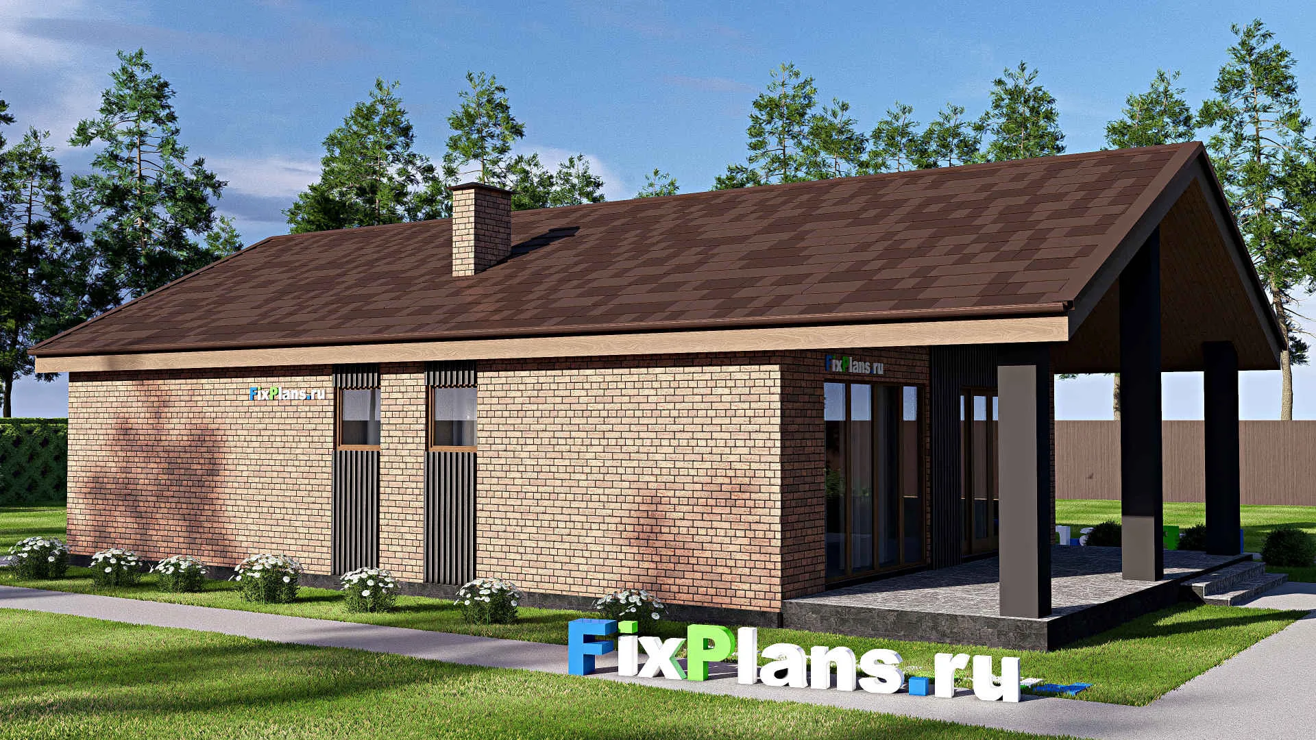 F-17756 - Проект одноэтажного дома 11 на 16, площадью 130 м² с террасой и 2 спальнями