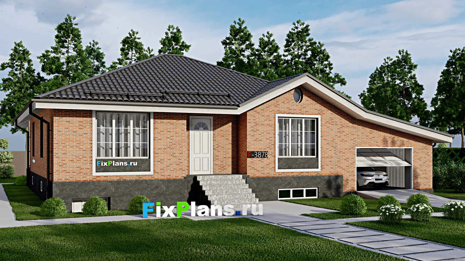 F-3878 - Проект одноэтажного дома 15 на 19, площадью 340 м² с террасой, цокольным этажом, баней, гаражом на 1 машину и 3 спальнями