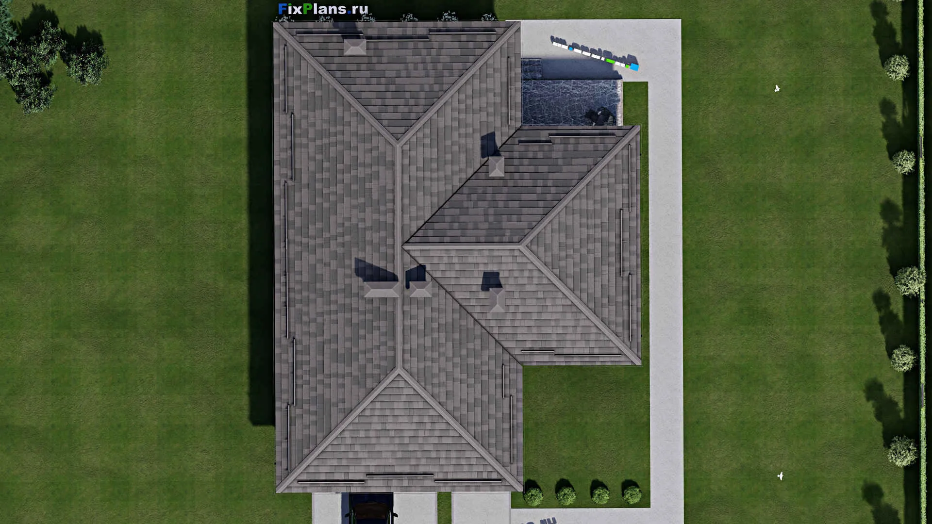 F-10214 - План одноэтажного дома 15 на 20, площадью 200 м² с террасой, гаражом на 2 машины и 3 спальнями