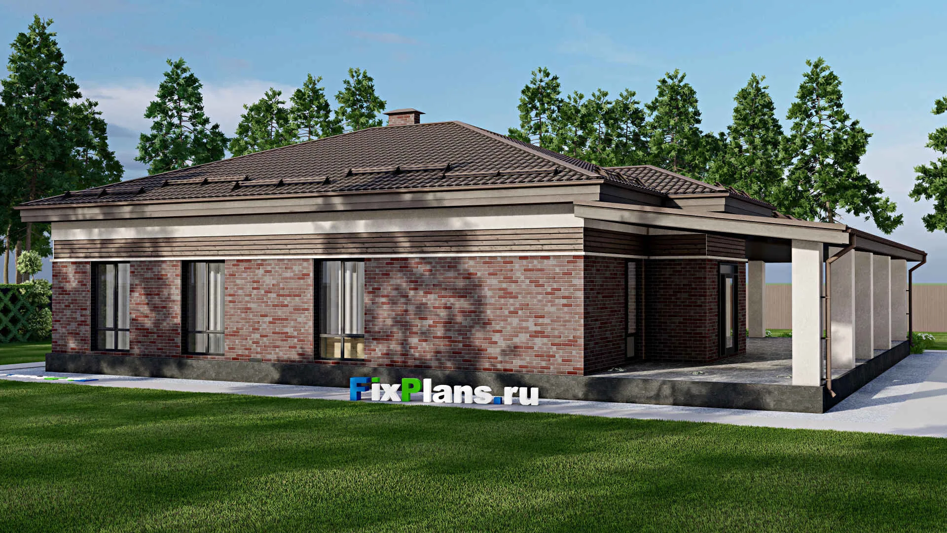 F-2465 - Проект одноэтажного дома 19 на 21, площадью 340 м² с террасой, гаражом на 2 машины и 3 спальнями