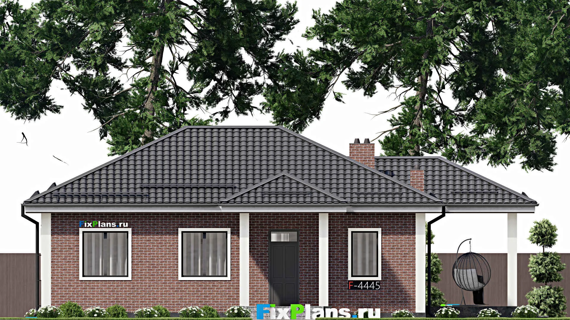 F-4445 - Проект одноэтажного дома 10 на 13, площадью 110 м² с террасой и 3 спальнями