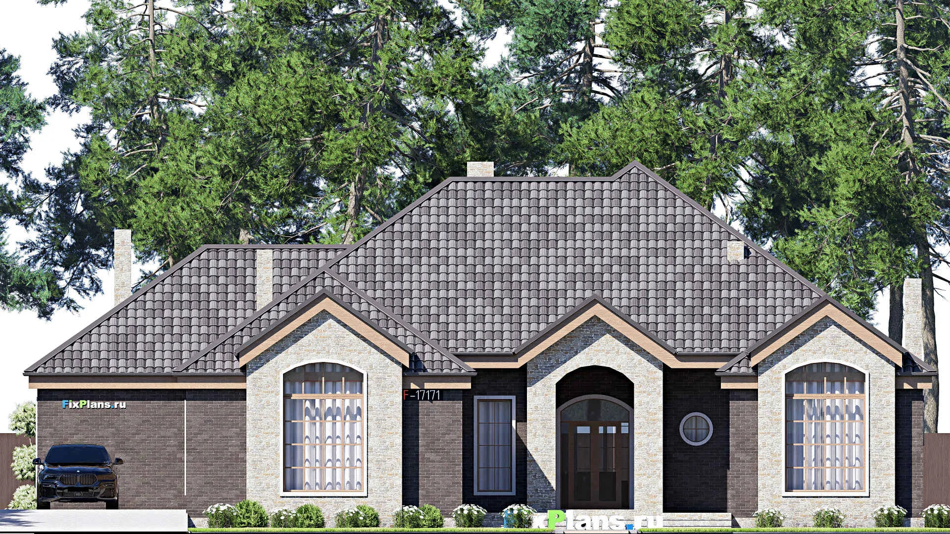 F-17171 - План одноэтажного дома 21 на 22, площадью 300 м² с террасой, гаражом на 2 машины и 5 спальнями